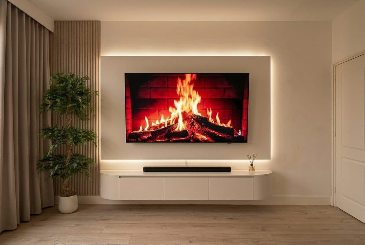Woonkamer met cinewall, na de renovatie